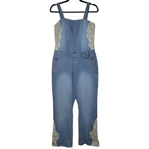 VTG 90s Y2K Fubu Jumpsuit Womens M Chambray Denim Wide Leg Lace Baggy Stretch